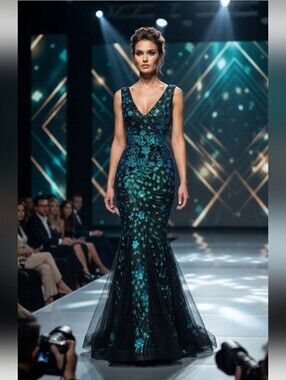 Dark Green, Floral, Tank, empire, Applique, Sequined Mermaid Gown